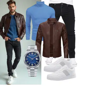Outfit mit Dunkelbraun/Braun/Dunkelrot/Bordeaux/Grau Motorradjacke/Reitjacke/Vintage Lederjacke/Leder Bomberjacke/Jacke mit Seitlichem Reißverschluss/KunstLederjacke/Lederjacke Sliktaa "Freizeit Outfit"