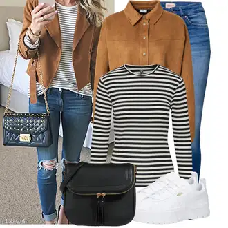 Outfity z džínu Zima s Černá/Zelená/Bílá/Tmavě modrá/Hnědá Pruhované Tričko/Roláková Košile Pieces "Volnočasový outfit na jaro"