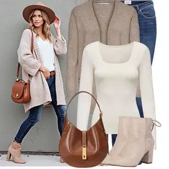 Outfit s Béžová/Hnědá Kotníková Bota Na Podpatku/Zimní Kotníková Bota/Kotníková Bota s Podšívkou/Letní kotníková kozačka/Šněrovací Kotníková Bota About You "Volnočasový outfit na jaro"