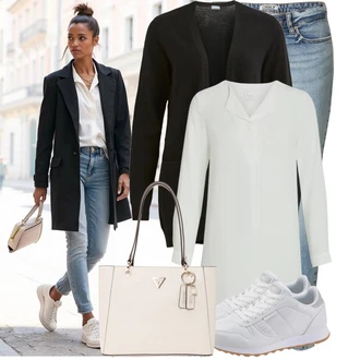 Výstřih na ramena Outfit s Šedá/Bílá/Fialová/Krémová Tunikové Tričko/Elegantní Tunika/Klasická tunika/Dlouhá Halenka Vila "Volnočasový outfit na jaro"