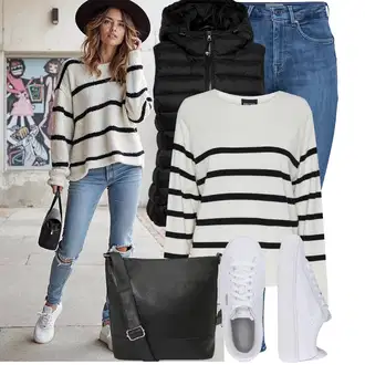 Outfit s Krémová/Bílá/Tmavě modrá Sveter Pruhovaný Svetr Pieces "Volnočasový outfit na jaro"