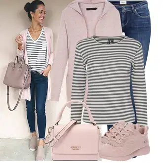 Kombinacije od trapera Pametno ležerno sa Pink/Ljubičasta/Smeđa Pletivo Veći Broj/Sweater majica VERO MODA "Proljetni outfit za slobodno vrijeme"Look: Pametno ležerno, Sveučilišna, Mom
