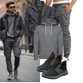 Wandern Herbst Outfit mit Dunkelgrau/Grau/Hellgrau Vintage Hoodie/Unisex Hoodie/Hoodie/Strick Hoodie/Ausgefallener Hoodie/Kapuzenpullover/Sport Hoodie Riverso "Freizeit Outfit"Look: Fitness, Arbeits, Wandern, Freizeit