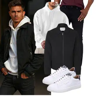 Outfit mit Schwarz Jeans Leder Schuhe Amazon Essentials "Freizeit Outfit"