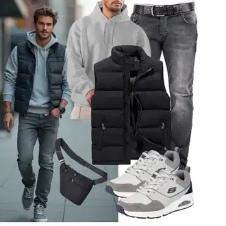 7/8-lang Outfit mit Schwarz/Dunkelgrau Funktionsweste/Ärmellose Weste/Outdoorweste/Reiseweste/Kurze Weste/Daunenweste/Puffer Weste AnyuA "Freizeit Outfit"