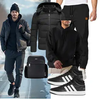 Hütten Outfit mit Schwarz/Dunkelgrau Hybridjacke/Isolationsjacke/Kapuzenjacke/Thermojacke/Kunstfaserjacke/Daunenjacke/Winterjacke/Puffer Jacke Redbridge "Freizeit Outfit"Look: Bar, Wasen, Bayram, Silvester, Pop Konzert, Electro, Hütten, Gala