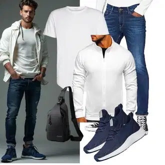 Outfit mit Weiß/Creme/Schwarz 2-in-1 Pullover/Basic Pullover/StillPullover/Thermo Pullover/Sport Sweatshirt/Sweatjacke/Pullover mit Reißverschluss BOLF "Freizeit Outfit"