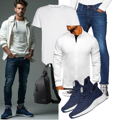 Blau Jeans Leder Schuhe Tommy Hilfiger kombinieren mit Weiß/Creme/Schwarz 2-in-1 Pullover/Basic Pullover/Stillpullover/Thermo Pullover/Hoodie Sport Sweatshirt/Sweatjacke/Pullover mit Reißverschluss BOLF