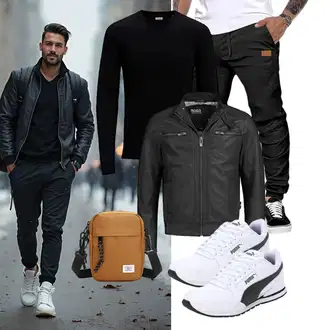 Outfit mit Schwarz/Grau/Dunkelgrau/Dunkelgrün Wachsjacke/Motorradjacke/Bikerjacke/Vintage Lederjacke/Leder Bomberjacke/Kunstlederjacke Indicode "Freizeit Outfit"