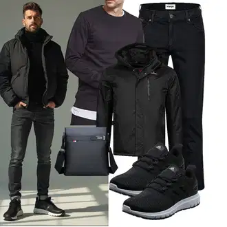 Laufen Winter Outfit mit Schwarz/Dunkelgrau/Dunkelblau Pullover mit Stehkragen Urban Classics "Freizeit Outfit"Look: Joggen, Fitness, Laufen