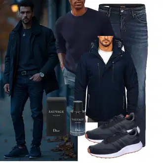 Outfit mit Dunkelblau Jacke mit Seitlichem Reißverschluss/Nylonjacke/2in1 Jacke/Windbreaker Jacke/Ripstopjacke/Kapuzenjacke/Segeljacke/Funktionsjacke BOLF "Freizeit Outfit"