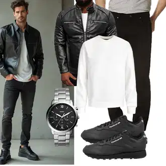 Rundhals Outfit mit Weiß/Creme Sweatshirt Lederjacke/Women's Fleece Sweatshirts/Sport Sweatshirt Jack & Jones "Freizeit Outfit"