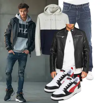 Outfit mit Schwarz/Orange Jacke mit Seitlichem Reißverschluss/Leder Bomberjacke/Motorradjacke/Lederjacke/KunstLederjacke/Bikerjacke Behype "Freizeit Outfit"
