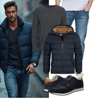 Wandern Winter Outfit mit Dunkelblau/Hellblau/Blau Sommerdaunenjacke/Kapuzenjacke/Steppjacke/Kunstfaserjacke/Jacke mit Seitlichem Reißverschluss/Puffer Jacke/Daunenjacke/Winterjacke Indicode "Freizeit Outfit"Look: Fitness, Arbeits, Freizeit, Berg­steigen, Trekking, Wandern