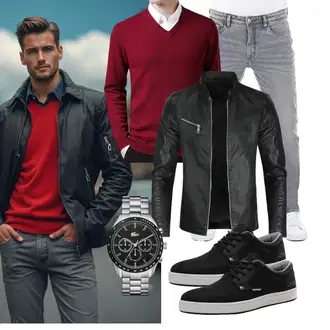 Outfit mit Schwarz Motorradjacke/Vintage Lederjacke/Bikerjacke/Jacke mit Seitlichem Reißverschluss/Leder Bomberjacke/Lederjacke/KunstLederjacke Sliktaa "Freizeit Outfit"