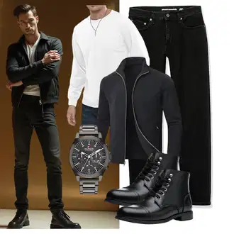 Winter Outfit mit Schwarz/Braun Stiefel Mit Reißverschluss/Leder Stiefelette/Motorradstiefel/Klassischer Stiefel/Schnürstiefelette/Springerstiefel SL-Saint "Freizeit Outfit"