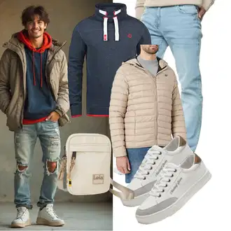 Laufen Winter Outfit mit Khaki/Beige Herbstjacke/Daunenjacke/Thermojacke/Winterjacke/Verstaubare Jacke/Kapuzenjacke/Puffer Jacke/Steppjacke b BLEND "Freizeit Outfit"Look: Fitness, Arbeits, Reiten, Wandern, Laufen