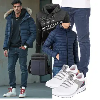 Wandern Winter Outfit mit Dunkelblau/Hellblau Daunenjacke/Leichte Jacke/Kastenjacke/Herbstjacke/Kunstfaserjacke/Kapuzenjacke/Winterjacke/Steppjacke/Isolationsjacke/Puffer Jacke/Verstaubare Jacke/Thermojacke b BLEND "Freizeit Outfit"Look: Fitness, Wandern, Trekking, Reiten