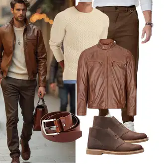 Stil Motorrad Outfit mit Braun/Orange KunstLederjacke/Leder Bomberjacke/Lederjacke/Vintage Lederjacke TruClothing.com "Freizeit Outfit"Look: Casual, Attraktive, Stil, Workwear, Western, Vintage, 80er, Motorrad, Reiten