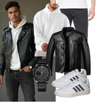 Outfit mit Schwarz/Grau Jacke mit Seitlichem Reißverschluss/Vintage Lederjacke/Bikerjacke/KunstLederjacke/Motorradjacke/Lederjacke Amaci&Sons "Freizeit Outfit"