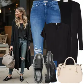 Outfity z džínu Zima s Černá Pletenina veľkej veľkosti Vila "Jarní Outfit"