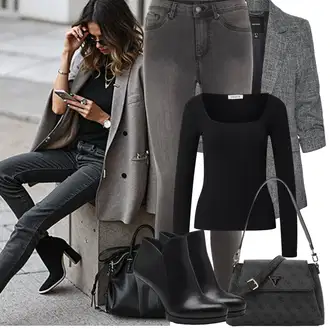 S zakovicama Outfit sa Crna/Bijela Gležnjača na visoku petu/Gležnjača s platformom/Kožna gležnjača/Kožna Jakna/Podstavljena Gležnjača/Čizma na visoku petu Tamaris "Proljetni Outfit"Look: S zakovicama, Jahanje, Hodanje