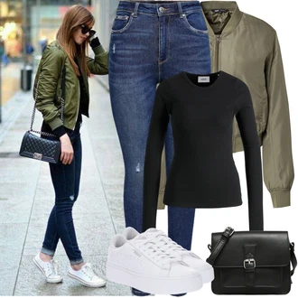 Kombinacije za festival sa Tamnozelena/Kaki Veći Broj Kaput Only, Crna Majica I Top Veći Broj/Pletivo Veći Broj/Bluza Veći Broj jjxx "Proljetni Outfit"