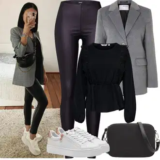 Mokri izgled Outfit sa Crna/Kaki/Tamnozelena/Tamnosiva Tajice od Vinila/Tajice Kožnog Izgleda/Kožne Tajice/Hlače od Umjetne Kože/Treggings/Tajice s Prorezom Object "Proljetni Outfit"Look: Mokri izgled, Old Money, Besprijekorno, Vanjski, Techno, Rap