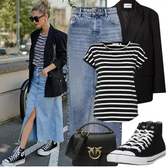 Oblečení se sukní Skating s Světle modrá/Modrá Džínová Sukně/Džínová vintage sukně Only "Jarní Outfit"Look: Na Procházku, Skating, Jízda na koni