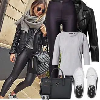 Mokri izgled Outfit sa Crna/Kaki/Tamnozelena/Tamnosiva Tajice od Vinila/Tajice Kožnog Izgleda/Kožne Tajice/Hlače od Umjetne Kože/Treggings/Tajice s Prorezom Object "Proljetni Outfit"Look: Mokri izgled, Old Money, Besprijekorno, Vanjski, Techno, Rap