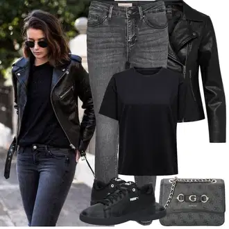 Outfit sa Crna/Ljubičasta Kožna Tenisica/Niska Tenisica/Skate cipela/Tanka Tenisica Puma "Proljetni Outfit"