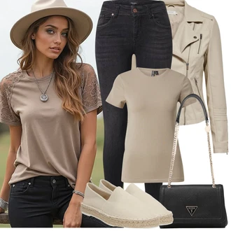 Krátká Outfit s Béžová/Khaki/Hnědá Motorkářské Bund/Kožené Bund Bunda z Umělé Kůže/Bunda s Bočním Zipem/Kožené Bund/Motorkářská bunda Only "Jarní Outfit"