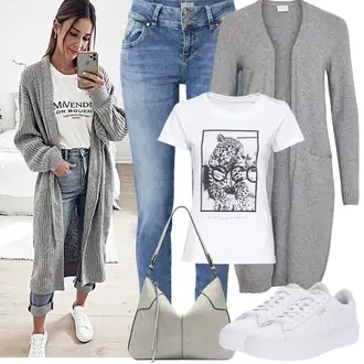 Zapínání na knoflíky Dlouhé Outfit s Šedá/Tmavě šedá/Světle šedá Pletenina veľkej veľkosti/Šaty Móda Pro Plnoštíhlou/Kabát/Tunika Vila "Jarní Outfit"