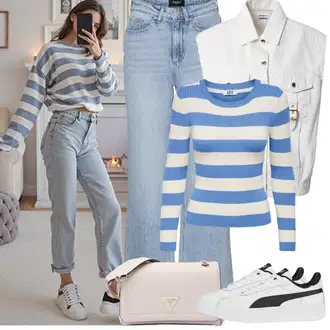 Zvonové kalhoty Outfit s Světle modrá/Modrá Džíny High Waist Džínové Kalhoty/Džíny Culottes/Džín s Širokou Nohavicí/Džíny Volného Střihu/Džíny s Rozparkem/Zvonové Džíny/Vintage Džíny/Baggy Džíny/Pánské tričko VERO MODA "Jarní Outfit"