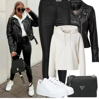 Mokri izgled Outfit sa Crna/Bijela Kožna Hlača/Hlače od Umjetne Kože/Jeggings/Kožne Tajice/Tajice Kožnog Izgleda/Tajice s Prorezom/Skinny Hlače/Treggings/Tajice od Vinila Noisy may "Proljetni Outfit"Look: Besprijekorno, Mokri izgled, Vanjski, Old Money, cool, Techno