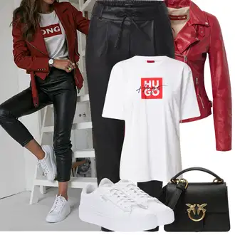 Mokri izgled Outfit sa Crna/Bijela/Smeđa/Zeleno/Narandžasta Hlače od Umjetne Kože/Jeggings/Kožne Tajice/Tajice Kožnog Izgleda/Kožna Hlača/Skinny Hlače/Treggings Only "Proljetni Outfit"Look: Sjaj, Chic, Besprijekorno, Jazz, Ured, Vanjski, moderne, Mokri izgled, Pametno ležerno, Francuske