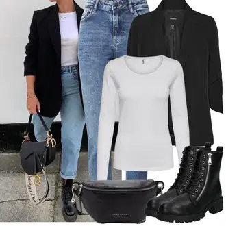 Outfit sa Crna/Siva Mokasin/Mokasin/Papuča/Tenisica Debele Tenisice/Tenisice s patentnim zatvaračem sa strane/Rupičasta Tenisica/Barefoot cipela About You "Proljetni Outfit"