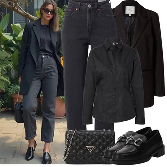 Outfit s Černá/Hnědá/Tmavě červená Business Bota/Mokasín/Polobotek Trotteur/Nízká bota na podpatku About You "Jarní Outfit"
