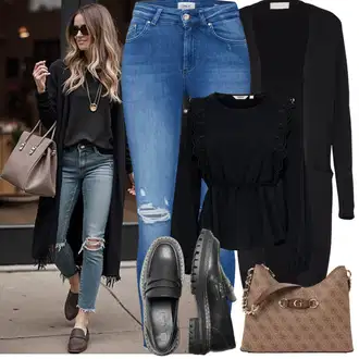 Outfity z džínu Zima s Černá Pletenina veľkej veľkosti Vila "Jarní Outfit"