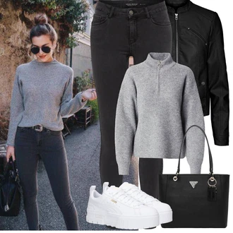 Prošívaný Outfit s Černá Kožené Bund Bunda z Umělé Kůže/Motorkářské Bund/Motorkářská bunda/Kožené Bund/Bunda s Bočním Zipem VERO MODA "Jarní Outfit"