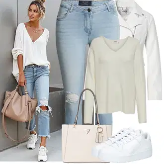 Outfit s Světle modrá Kožená bunda/Džíny s Dírou/Kožené bundy/Kotníková Bota/Zkrácené Džíny/Džíny s Rozparkem/Push up Džín Noisy may "Jarní Outfit"