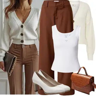 Outfit s Khaki/Hnědá/Tmavě Hnědá/Oranžová Široká Kalhoty/Marlene Kalhoty/Paperbag Kalhoty/Mušelínové Kalhoty/Kalhoty s Vysokým Pasem/Kalhoty se Štěrbinou/Twillová Kalhoty/Obleková Kalhoty bella x about you "Jarní Outfit"