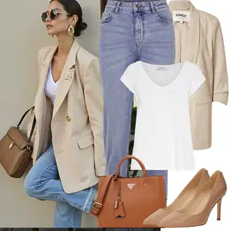 Kombinacije s "mom" trapericama Stil sa Svjetloplava Mom Jean/Vintage traperice/Sužene Traperice/Dad Traperice/Muška Kožna Jakna/Boyfriend Jeans/Skraćene Traperice/High Waist Traperice/Girlfriend Traperice/Slip-on Traperice Pieces "Proljetni Outfit"
