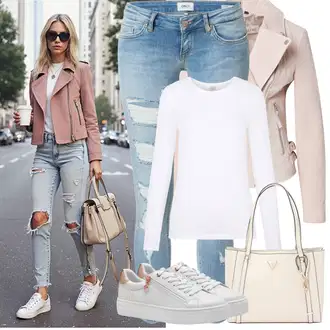 Outfity na podzim Estetika s Růžová/Bílá/Béžová/Hnědá Teniska se Třpytkami/Nízká Teniska/Teniska s dírkovaným vzorem/Teniska na platformě/Úzká teniska/Kožené tenisky/Letní tenisky Tamaris "Jarní Outfit"Look: Estetika, Bad Taste, Skater, Sportovní