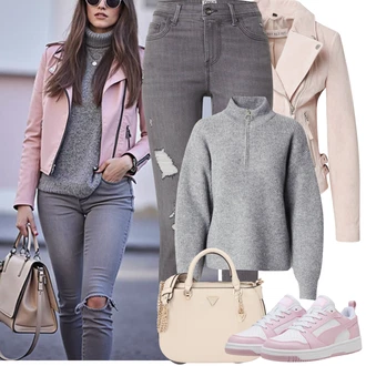 Outfit s Hnědá/Béžová/Růžová/Fialová Udržitelná bunda/Bouclé Bund/Krátký Bund/Letní Bund/Bunda s Bočním Zipem/Podzimní bunda/Jarní bunda/Ažurová pletená bunda Freaky Nation "Jarní Outfit"