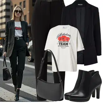 S zakovicama Outfit sa Crna/Bijela Gležnjača na visoku petu/Gležnjača s platformom/Kožna gležnjača/Kožna Jakna/Podstavljena Gležnjača/Čizma na visoku petu Tamaris "Proljetni Outfit"Look: S zakovicama, Jahanje, Hodanje