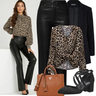 Outfit s Černá/Hnědá/Oranžová Kožená Kalhoty/Zvonová Kalhoty Kožené Zvonové Kalhoty/Kalhoty s nášivkou uprostřed/Kalhoty z Umělé Kůže/Kalhoty se Štěrbinou/Culotte Kalhoty Edited "Jarní Outfit"