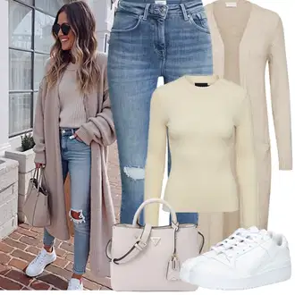 Kombinacije za jesen S oblinama sa Bež/Kaki/Smeđa Pletivo Veći Broj Vila, Krem/Bijela/Kaki/Bež/Tamnoplava Pletivo Veći Broj Pieces "Proljetni Outfit"