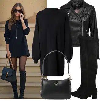 Kombinacije s čizmama sa Crna Čizma Iznad Koljena/Duga Čizma/Čizma do Koljena/Ravna čizma preko koljena/Kožna Čizma Iznad Koljena About You "Proljetni Outfit"