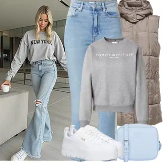 Kombinacije s "mom" trapericama Stil sa Svjetloplava/Plava High Waist Traperice/Čizma do Gležnja/Girlfriend Traperice/Capri Traperice/Mom Jean/Ženske Traperice 7/8 Dužine/Traperice s Prorezom/Skraćene Traperice/Vintage traperice Armedangels "Proljetni Outfit"